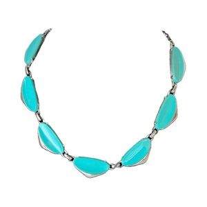 Vintage Shiny Silver and turquoise Necklace and Clip on Earrings